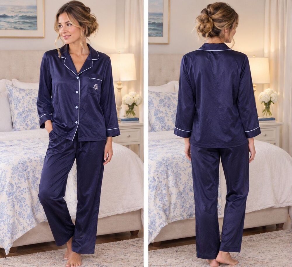 Cabernet women M satin sleepwear button down longsleeve shirt & pajama pants